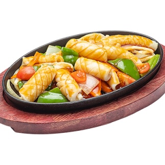 Кальмар на чугуне жаренный с овощами